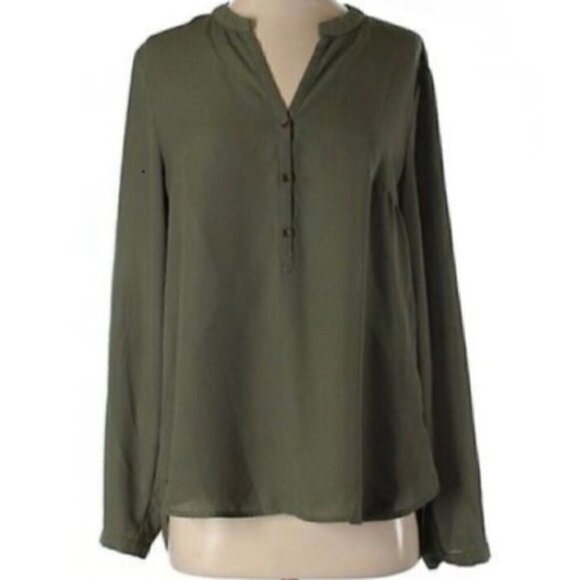 Bellatrix Top S Long Sleeve Button Chiffon Olive Neutral Earth Tones Office Chic - Picture 1 of 8